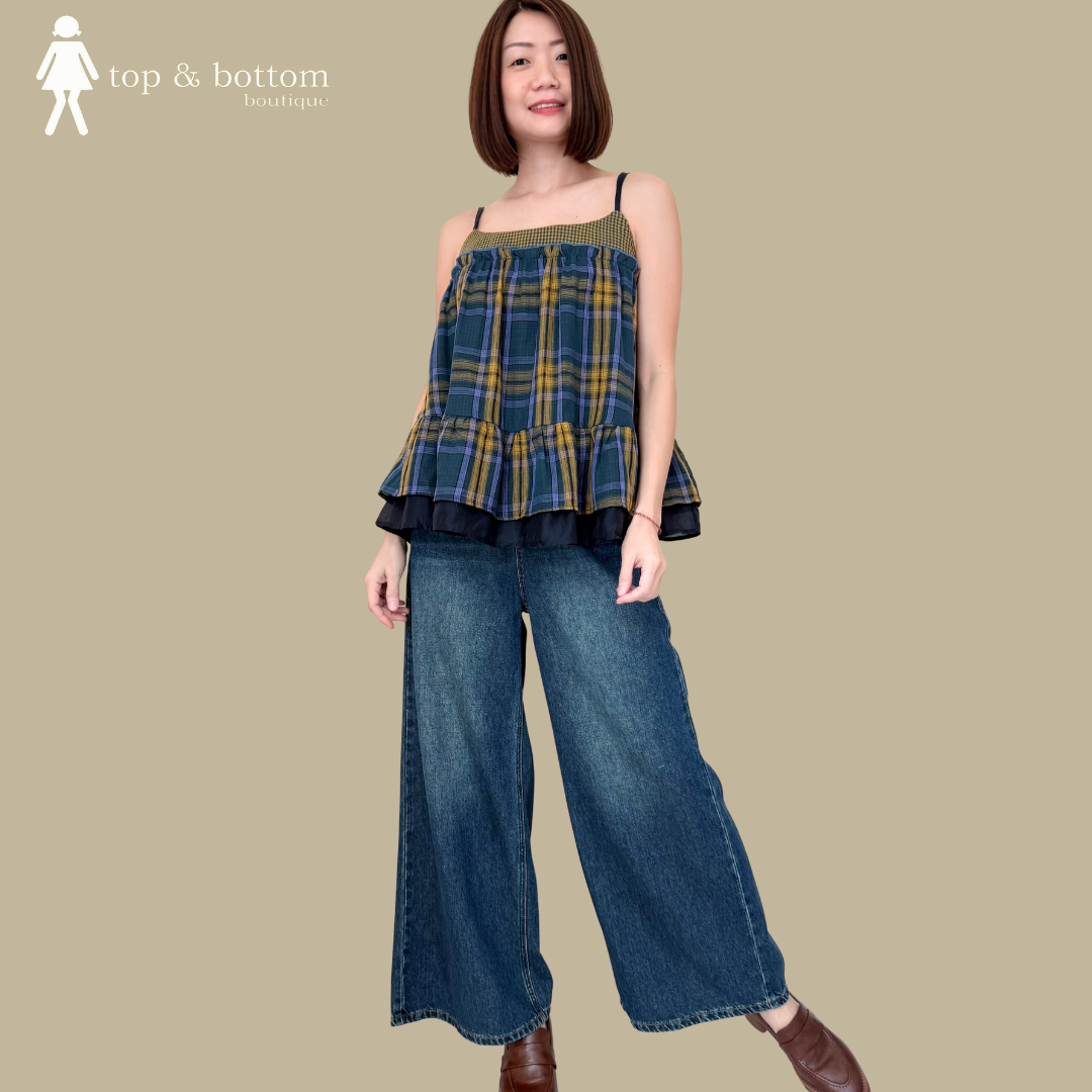 STRAP PLAID TIERED BLOUSE