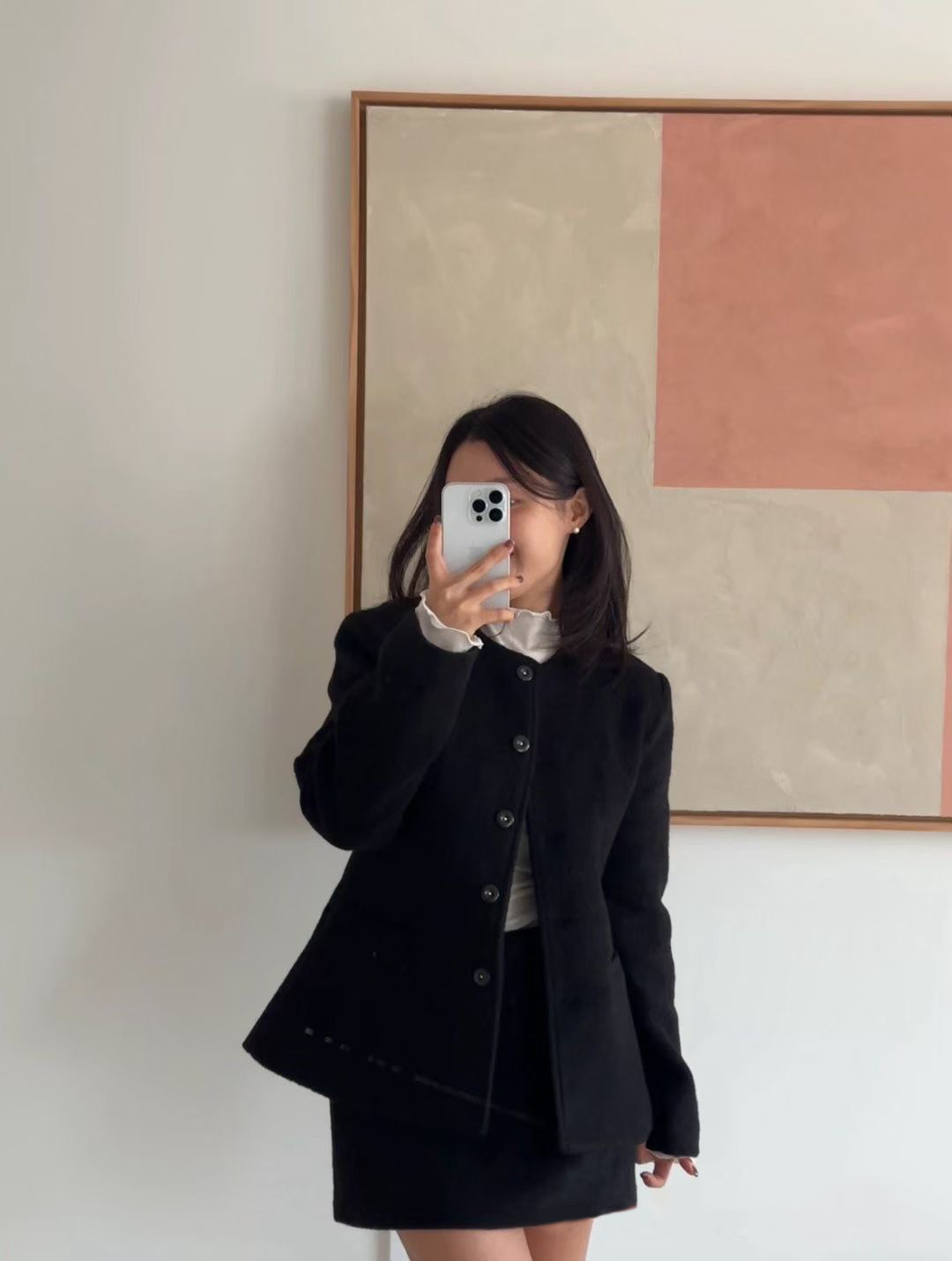 雙口袋圓領排釦收腰毛呢外套+短裙SET-S-M / 2色