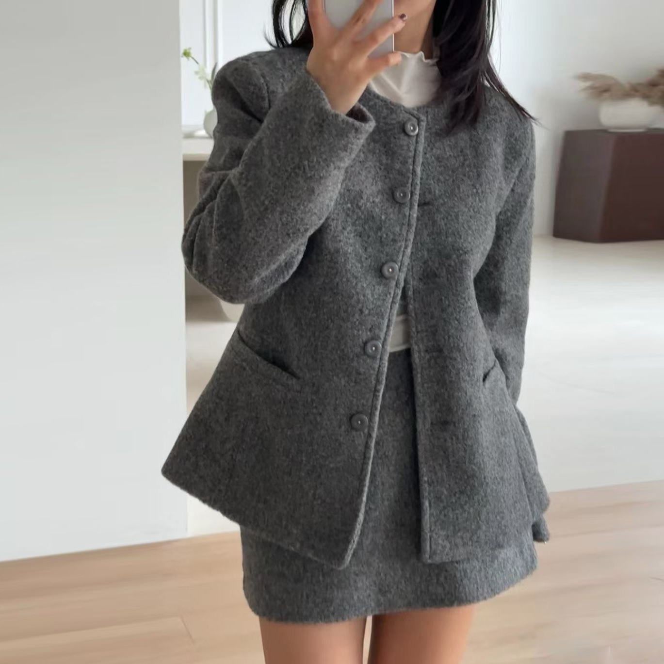 雙口袋圓領排釦收腰毛呢外套+短裙SET-S-M / 2色