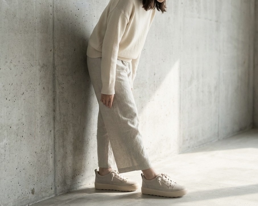 穿著 Sanly Joy 寬楦真皮女鞋展現自信笑容，見證台灣特製楦頭帶來的舒適體驗，解決寬腳板選鞋困擾，是網路上口碑極佳的好穿女鞋品牌推薦。