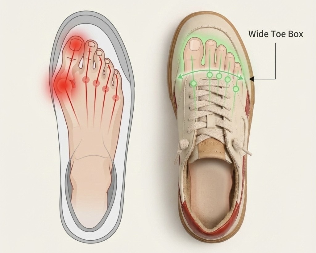 比較一般窄版鞋與 Sanly Joy 台灣特製寬楦頭差異，展示加寬鞋頭如何解決寬腳板擠腳問題，提供亞洲女性最舒適的真皮女鞋推薦，改善拇指外翻與腳背壓迫的不適感。