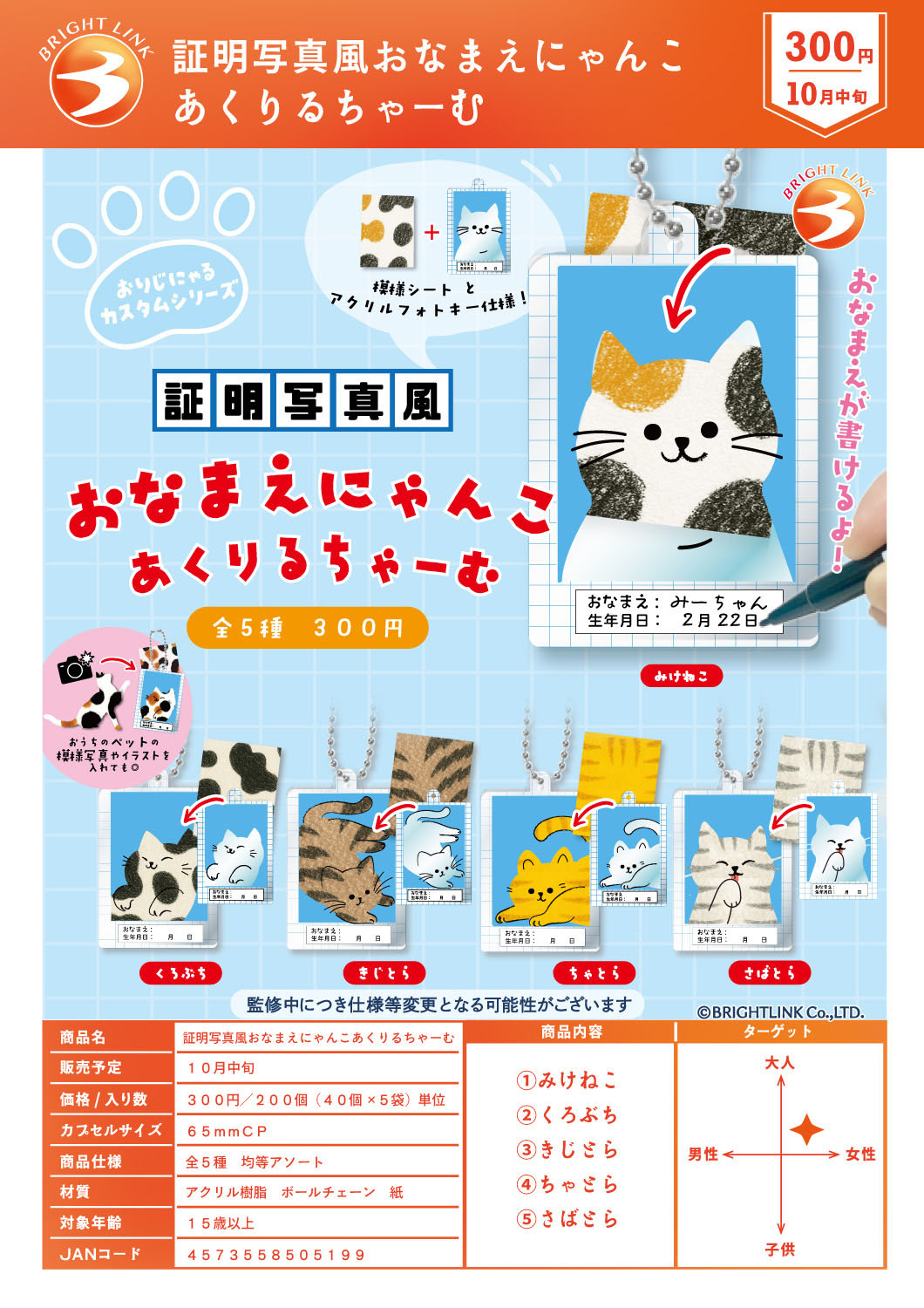Bright Link 代理版 扭蛋 貓咪證件照風壓克力吊飾 一組5入