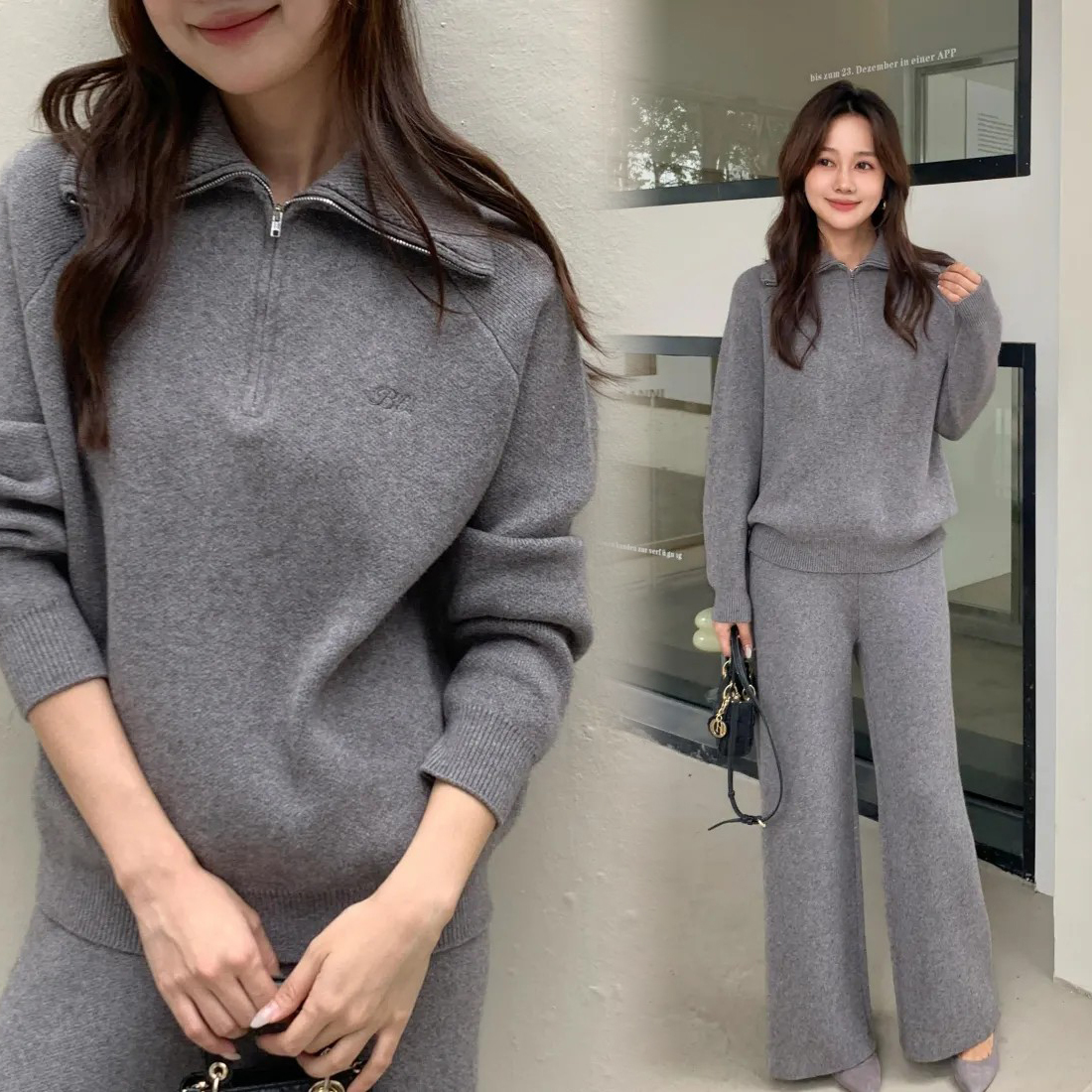 刺繡字母拉鍊立領上衣+長褲SET-S-M / 2色 (Elegant & Love)