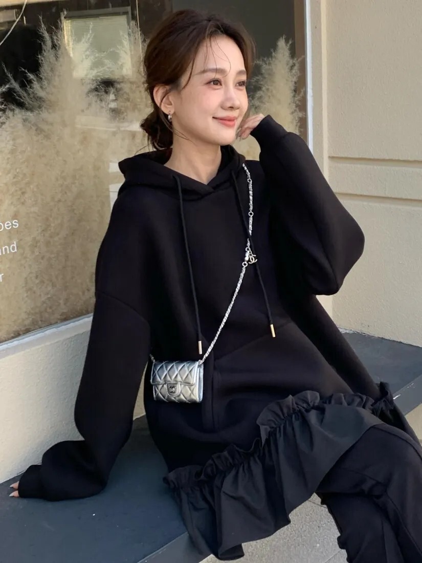 荷葉滾邊裙擺口袋造型連帽短洋裝-F / 2色 (Elegant & Love)