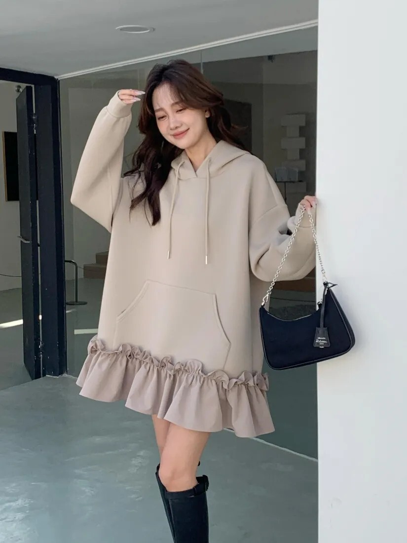 荷葉滾邊裙擺口袋造型連帽短洋裝-F / 2色 (Elegant & Love)