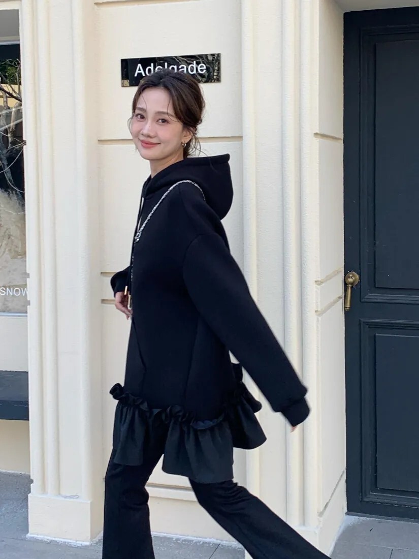 荷葉滾邊裙擺口袋造型連帽短洋裝-F / 2色 (Elegant & Love)