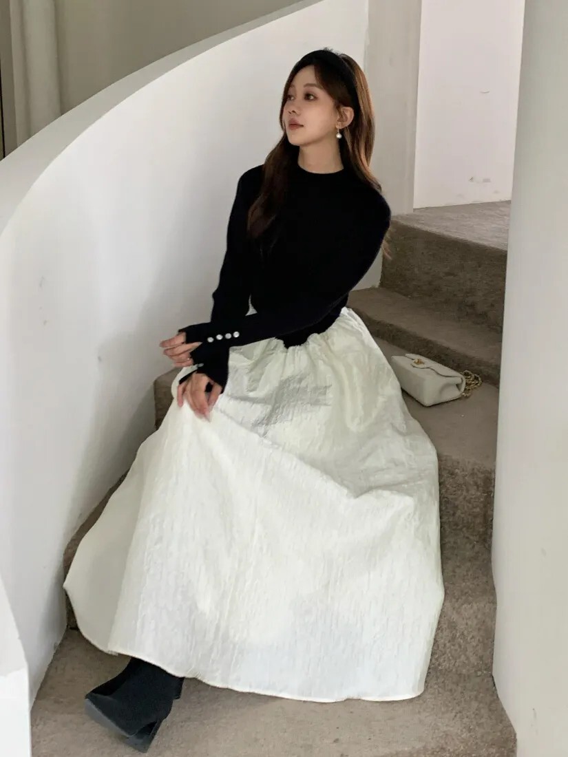 袖排釦造型拼接織紋感澎澎裙擺長洋裝-F (Elegant & Love)