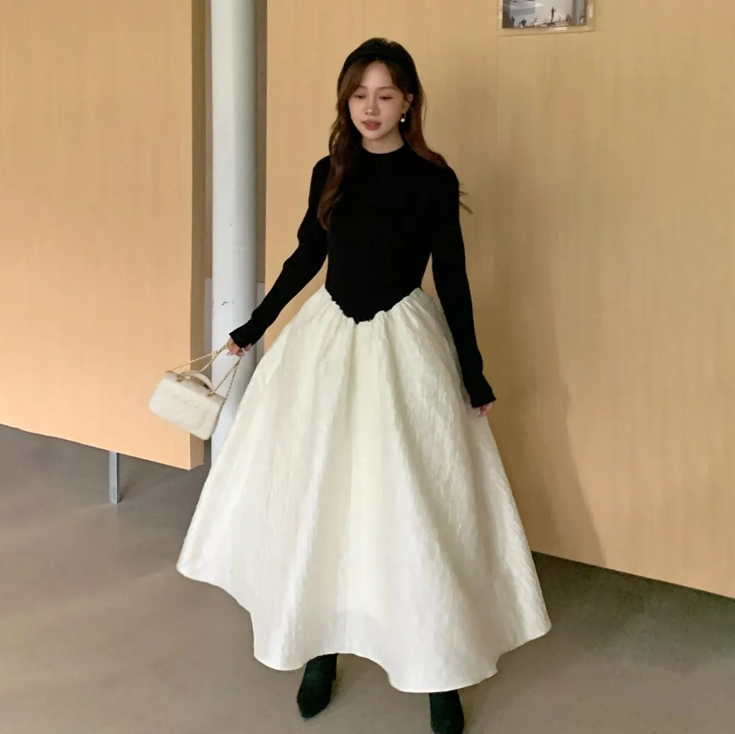 袖排釦造型拼接織紋感澎澎裙擺長洋裝-F (Elegant & Love)