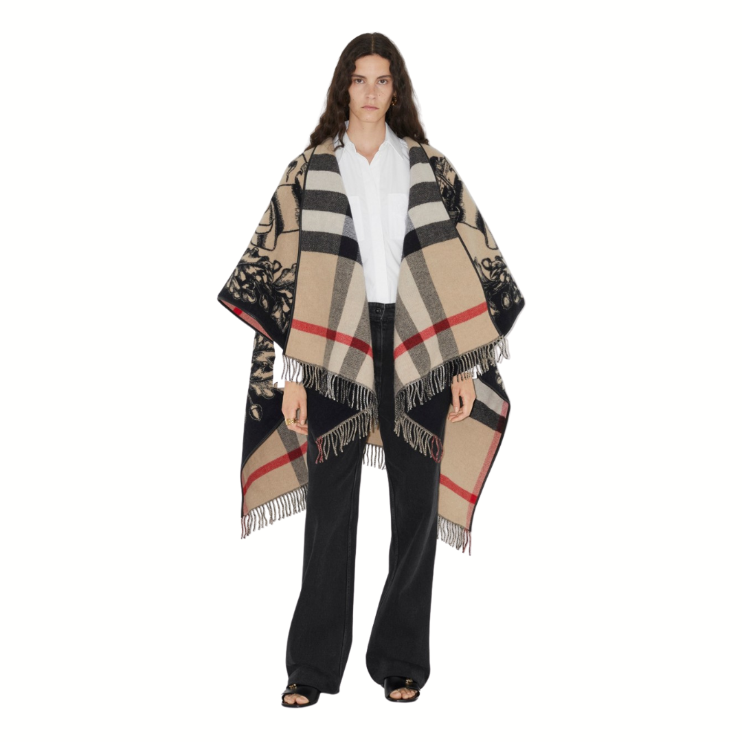 1FF0101-031 BURBERRY Reversible EKD Check Wool Cape Archive Beige (SS26) #8074875 (C-EU-E)