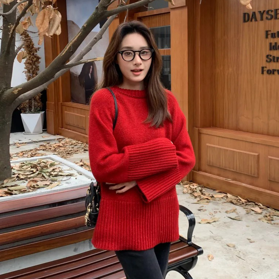 節慶氛圍圓領紅色羊毛針織毛衣-F (Elegant & Love)