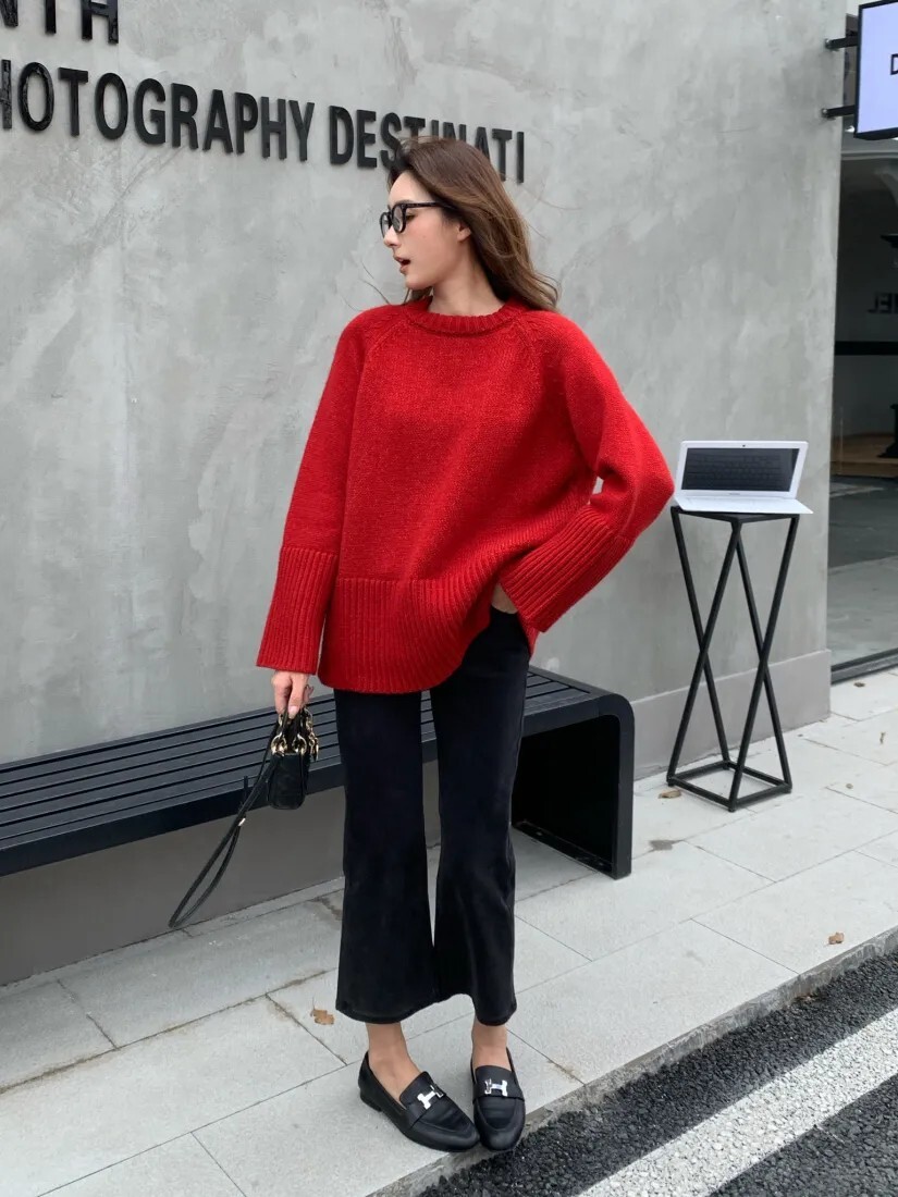 節慶氛圍圓領紅色羊毛針織毛衣-F (Elegant & Love)