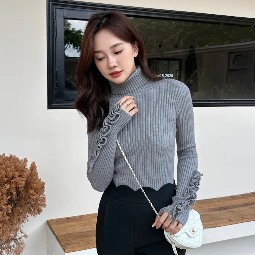 手袖抓摺荷葉滾邊高領螺紋上衣-S-M / 2色 (Elegant & Love)