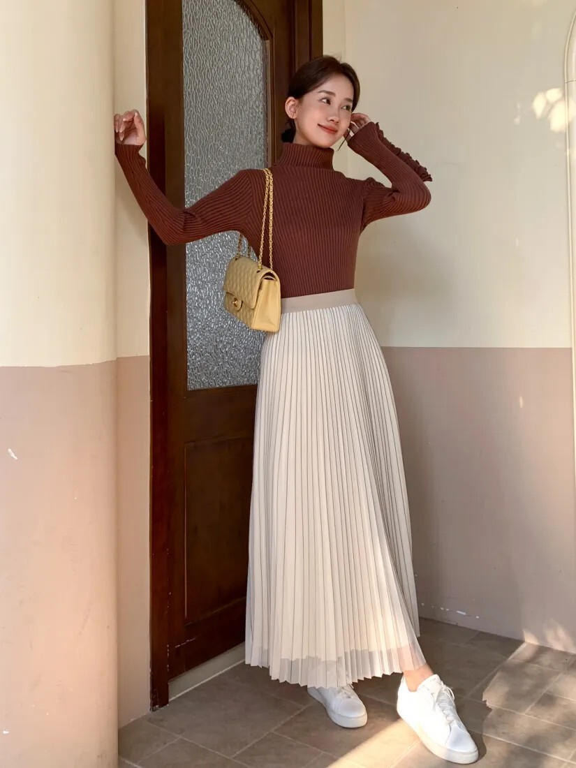 手袖抓摺荷葉滾邊高領螺紋上衣-S-M / 2色 (Elegant & Love)