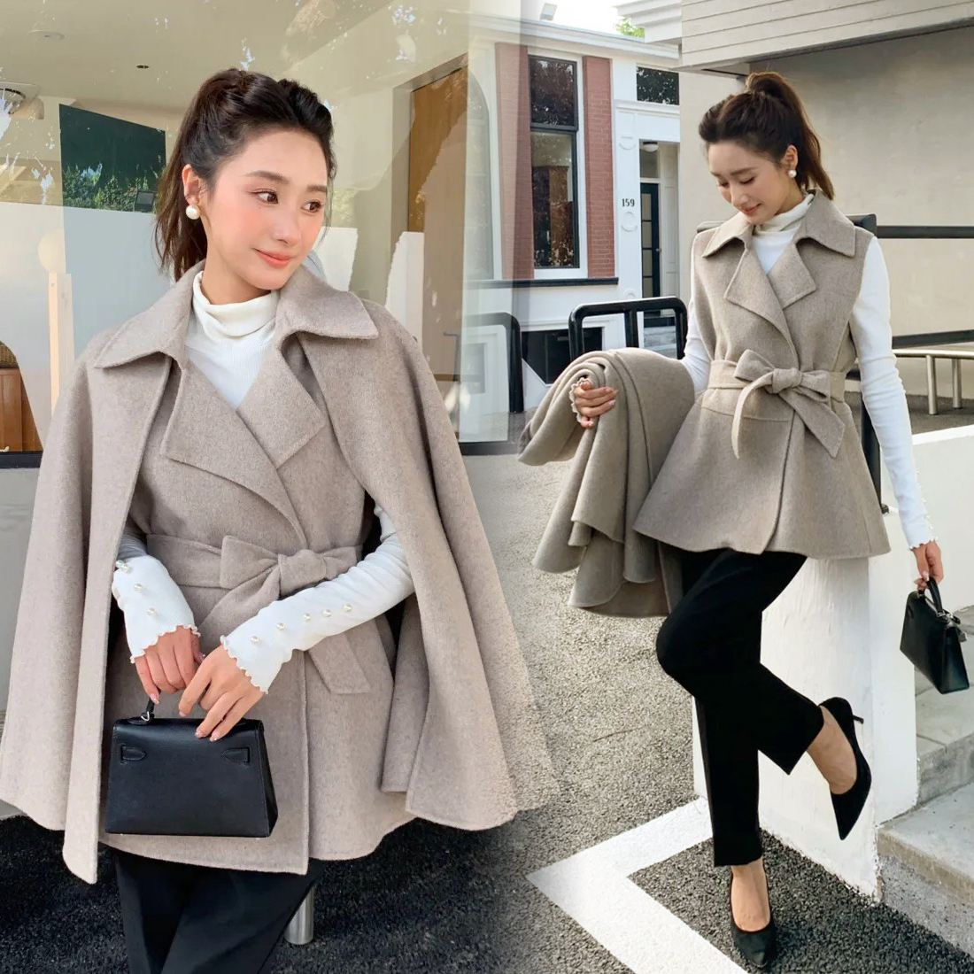 多穿法70％羊毛綁帶斗篷背心外套-F / 2色 (Elegant & Love)