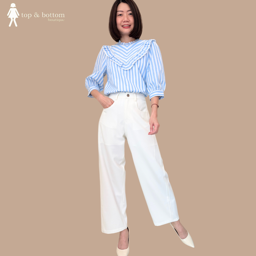 MID SLEEVE FRILLS STRIPED BLOUSE