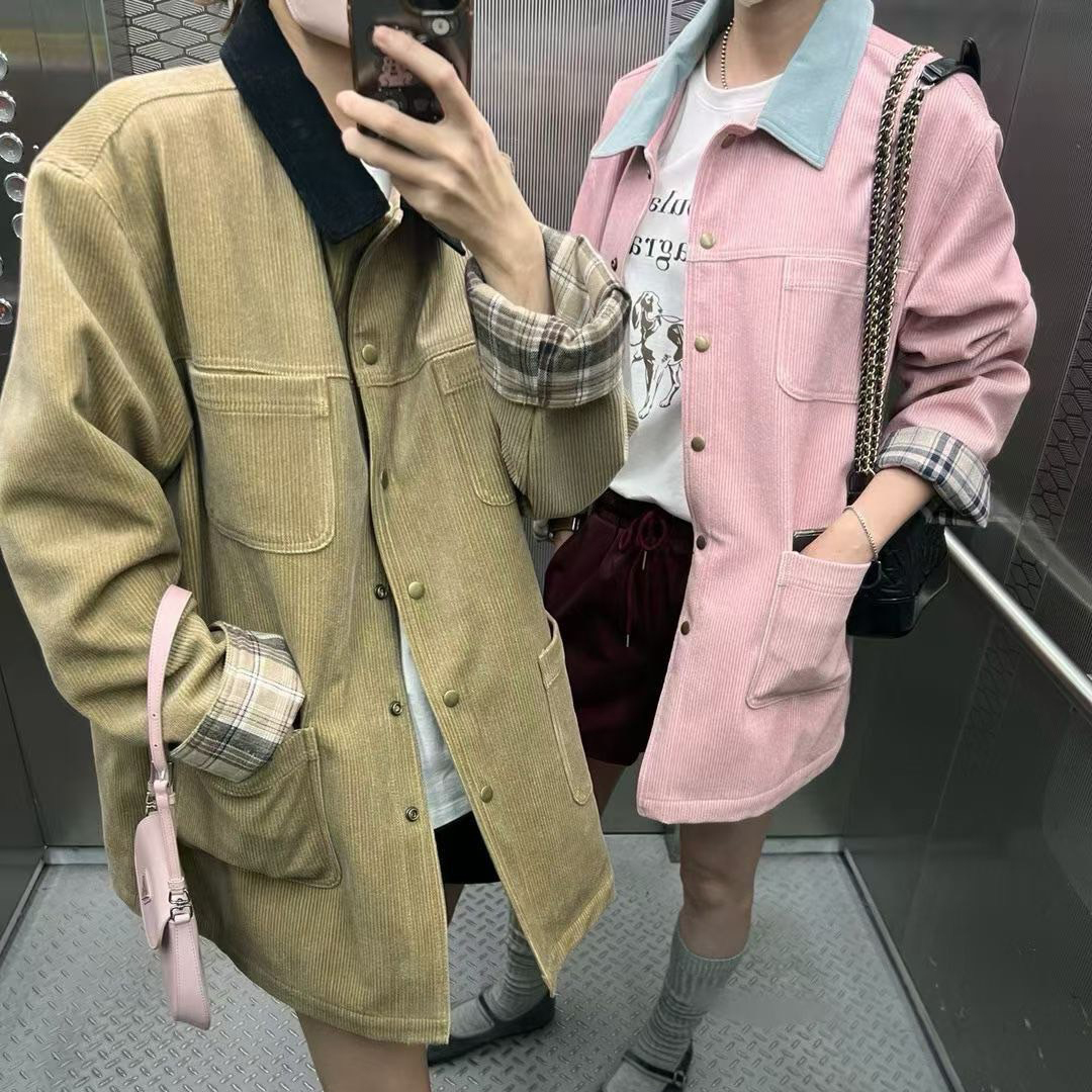 格紋配色翻領口袋造型巴恩風外套 / 2色