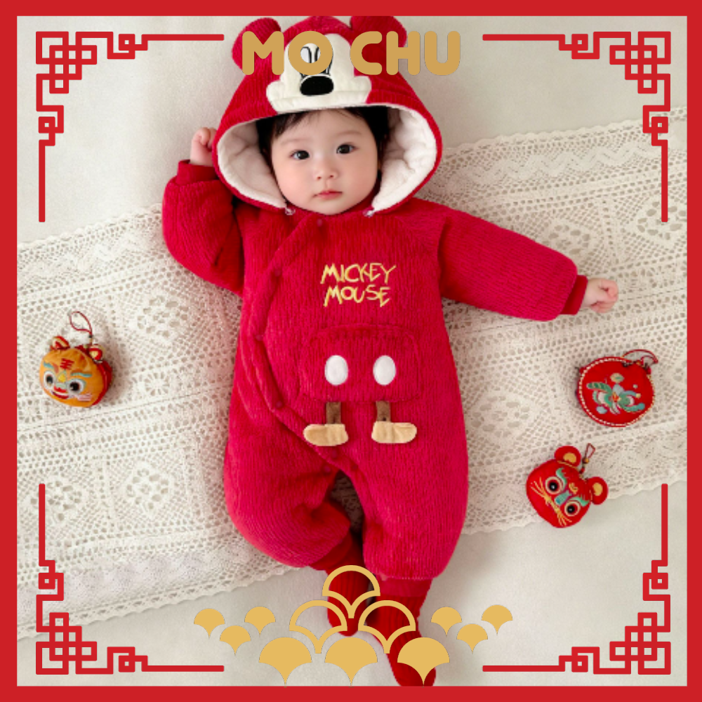 (90cm現貨)迪士尼-福袋米奇加絨保暖連身衣(帽可拆)