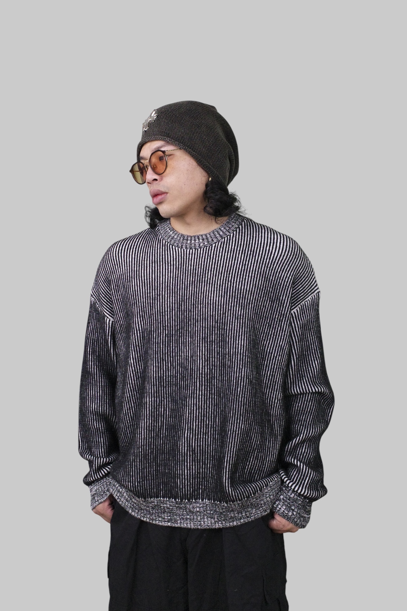 『Always_Good』黑白紋理 撞色 寬鬆 短版 毛衣