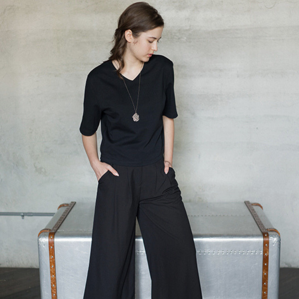 PIPPY 簡約率性Ｖ領短袖上衣 黑