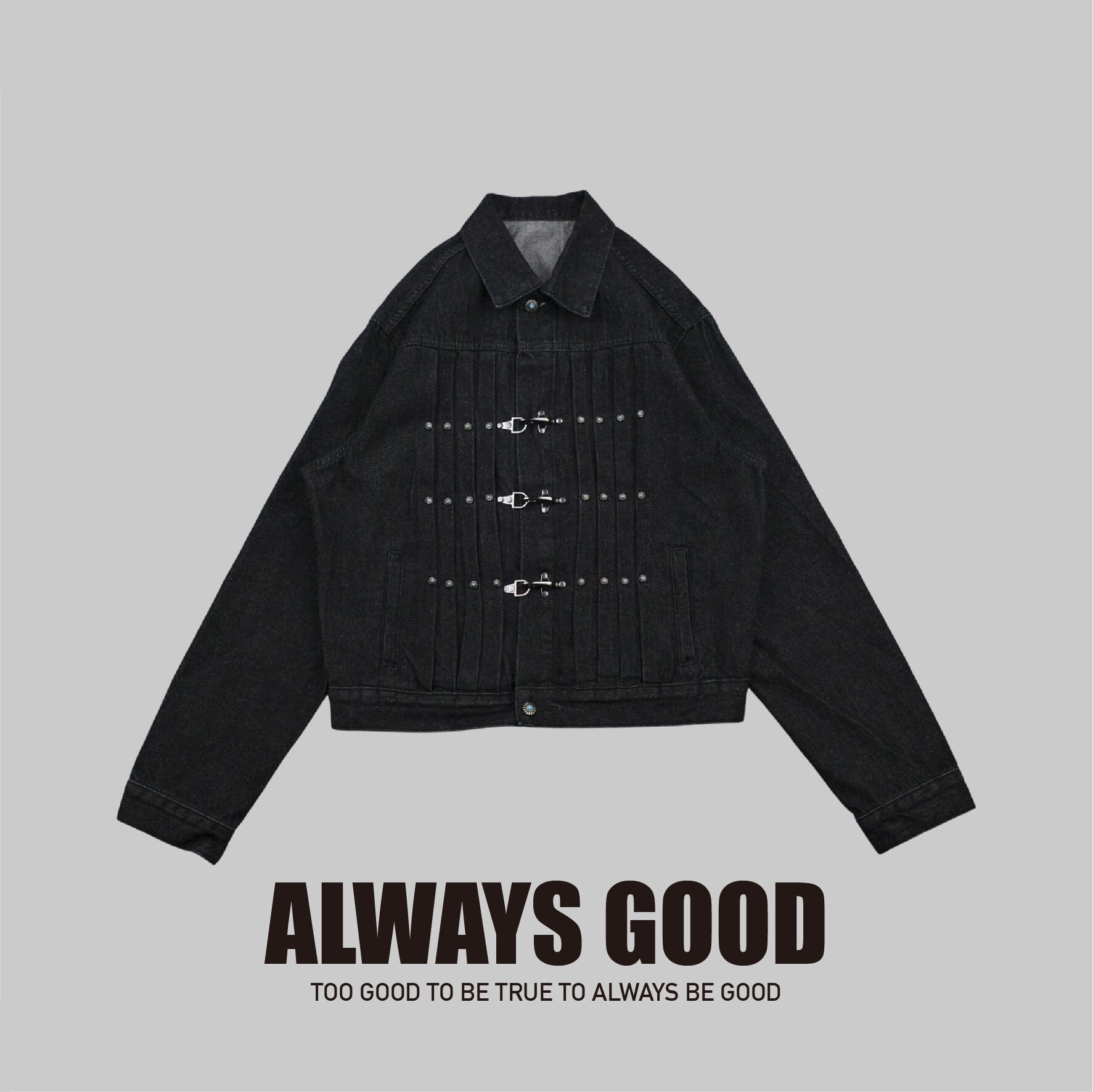 『Always_Good』寶石 皺褶 消防扣 單寧 短版 外套