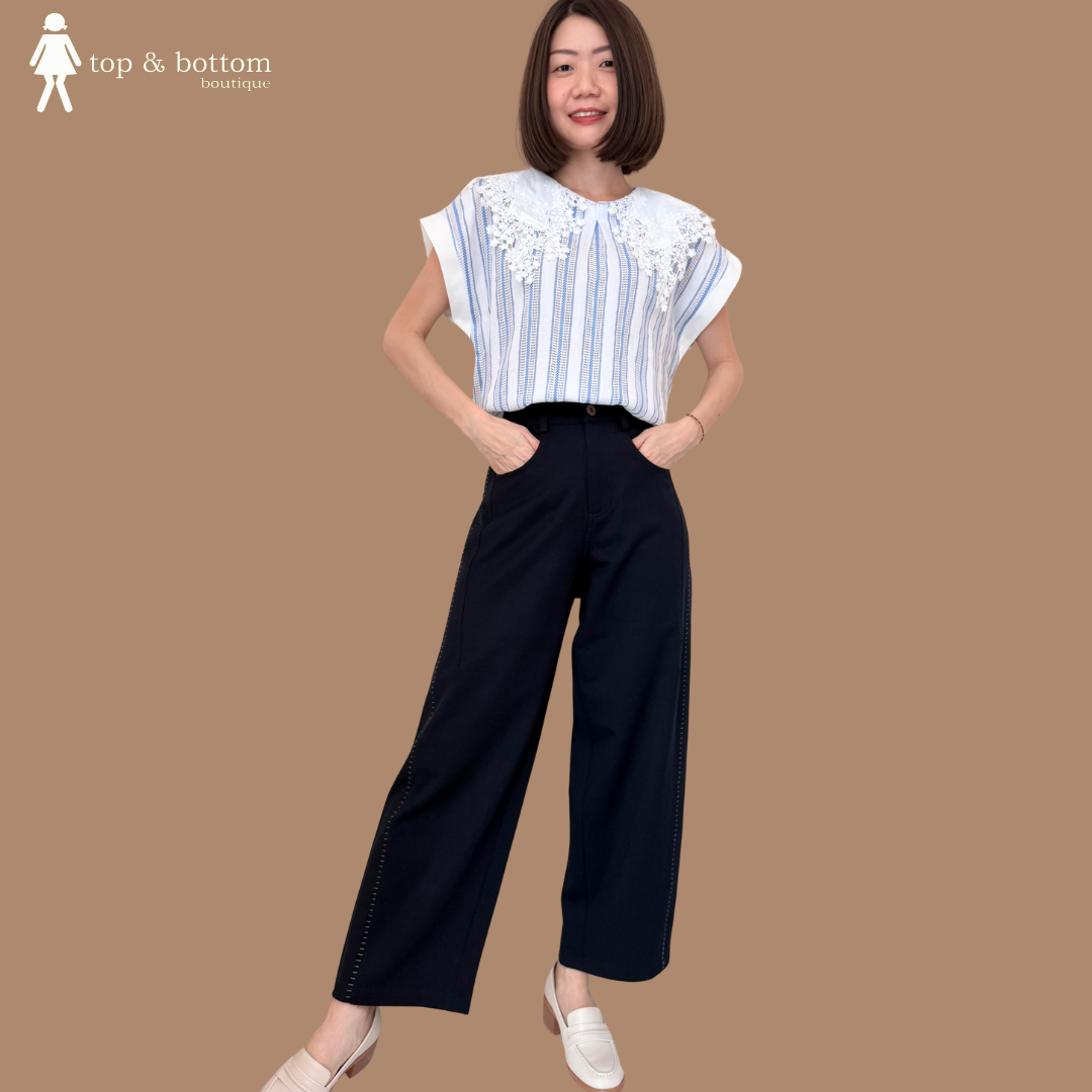 V SLEEVE STRIPED COTTON LACE DETAILS BLOUSE