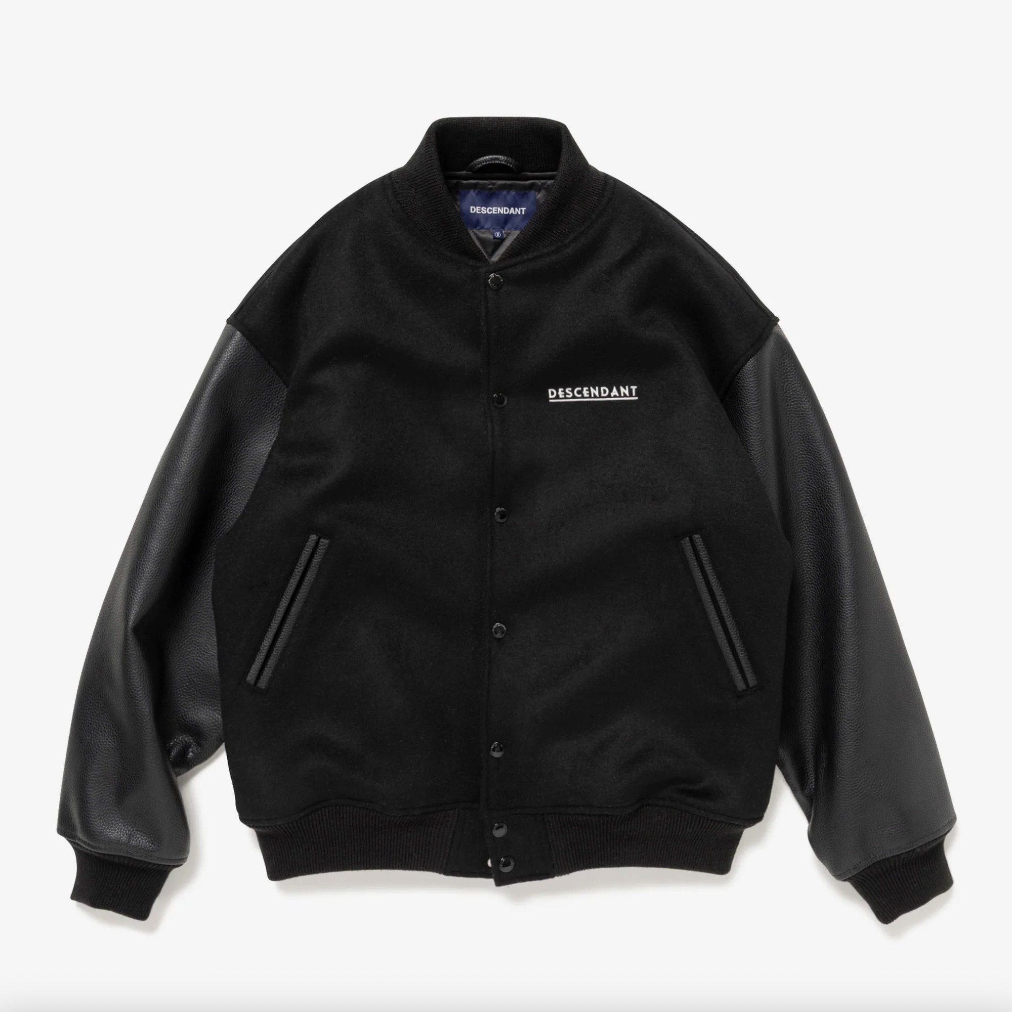 DESCENDANT DCDT FLUKE UP VARSITY JACKET  鯨魚 羊毛 皮袖 外套 黑色 -252CPDS-JKM01S