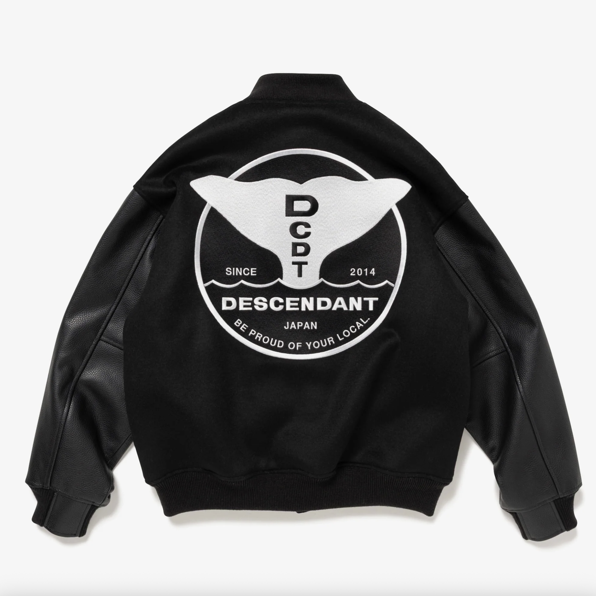 DESCENDANT DCDT FLUKE UP VARSITY JACKET  鯨魚 羊毛 皮袖 外套 黑色 -252CPDS-JKM01S