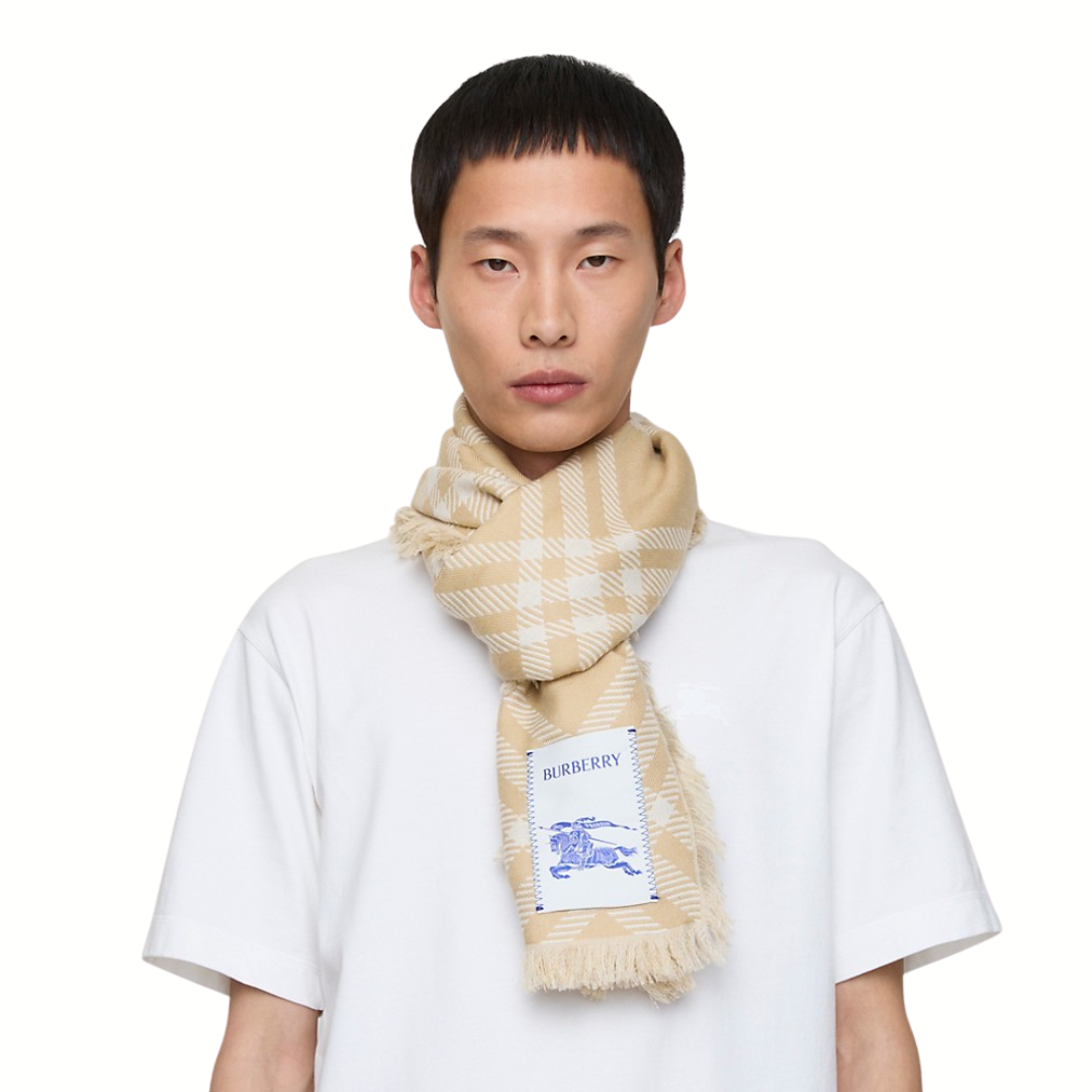 1FF0101-042 BURBERRY Wide Check Wool Silk Scarf Sand/Ecru (SS26) #8112462 (F-EU-E)