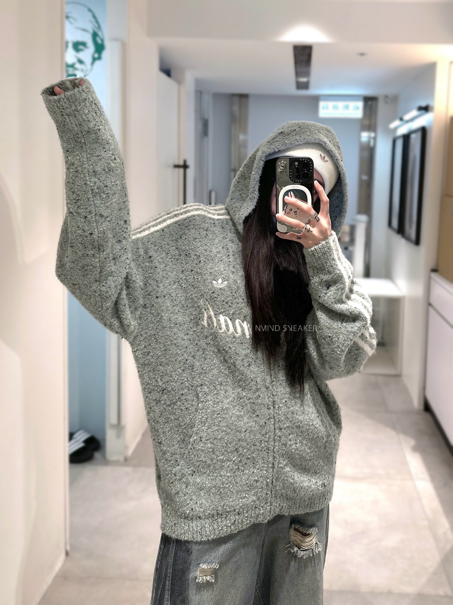 ADIDAS ORIGINALS 薄荷巧克力 草寫 連帽毛毛外套