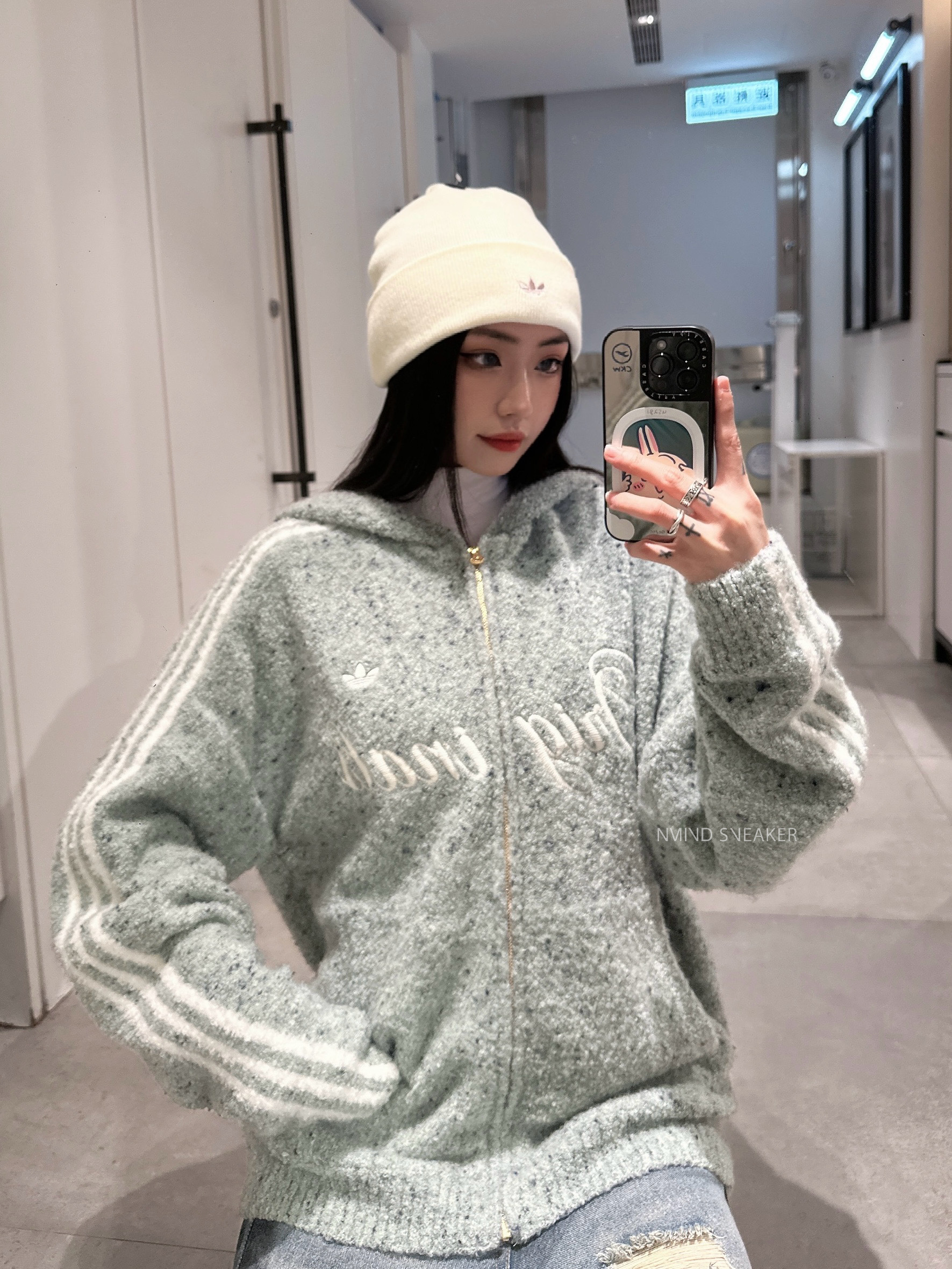 ADIDAS ORIGINALS 薄荷巧克力 草寫 連帽毛毛外套