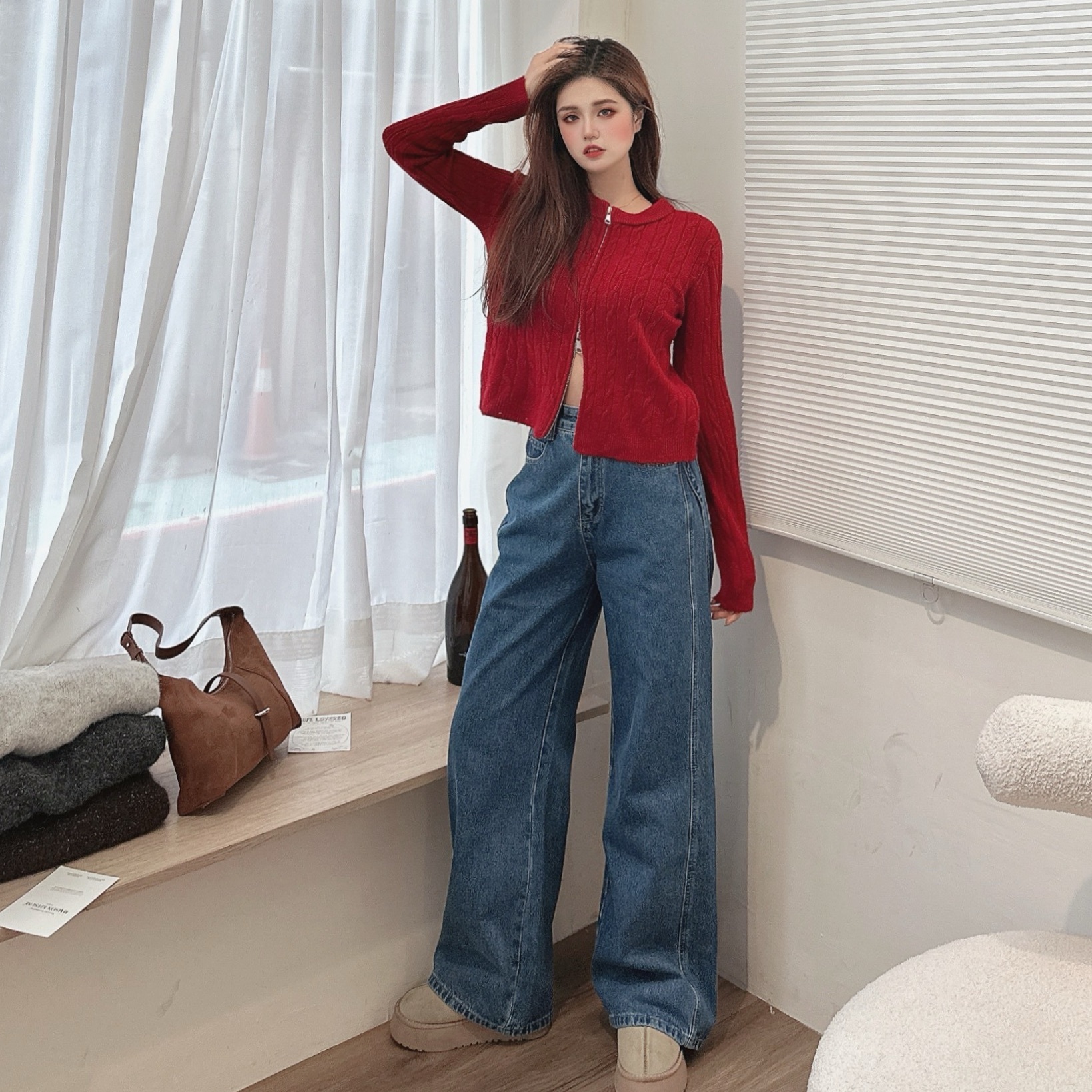 麻花雙拉鍊針織毛衣/三色