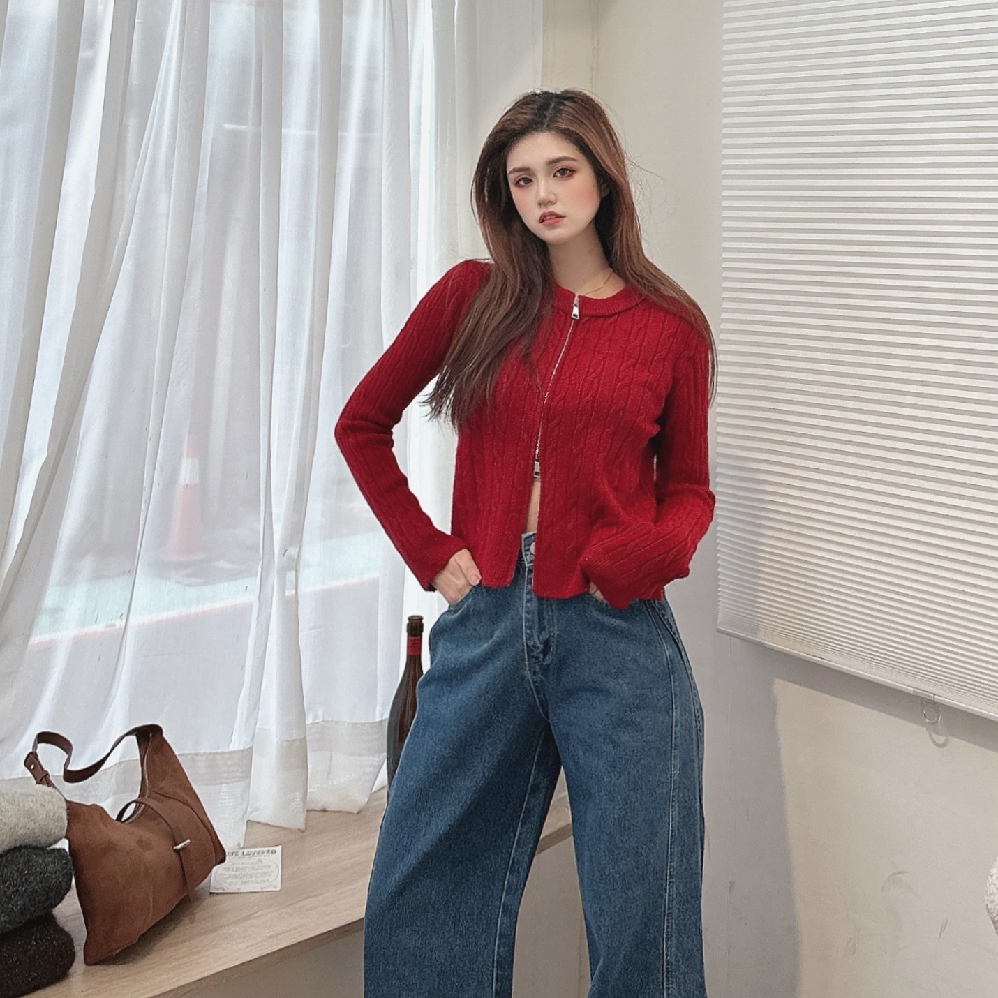 麻花雙拉鍊針織毛衣/三色