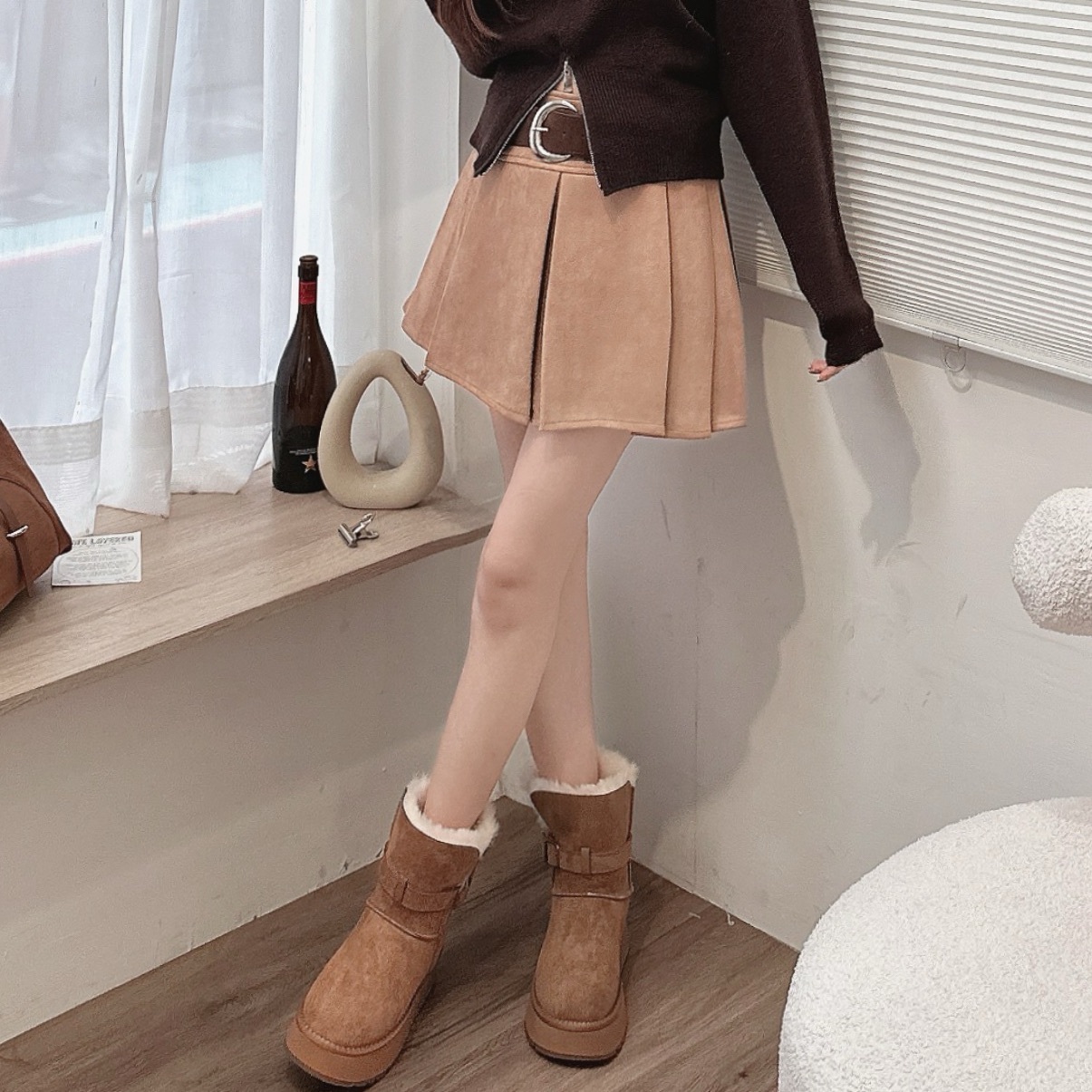 麂皮百褶短裙(附皮帶)/二色