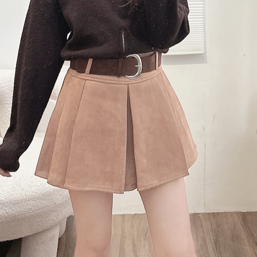 麂皮百褶短裙(附皮帶)/二色