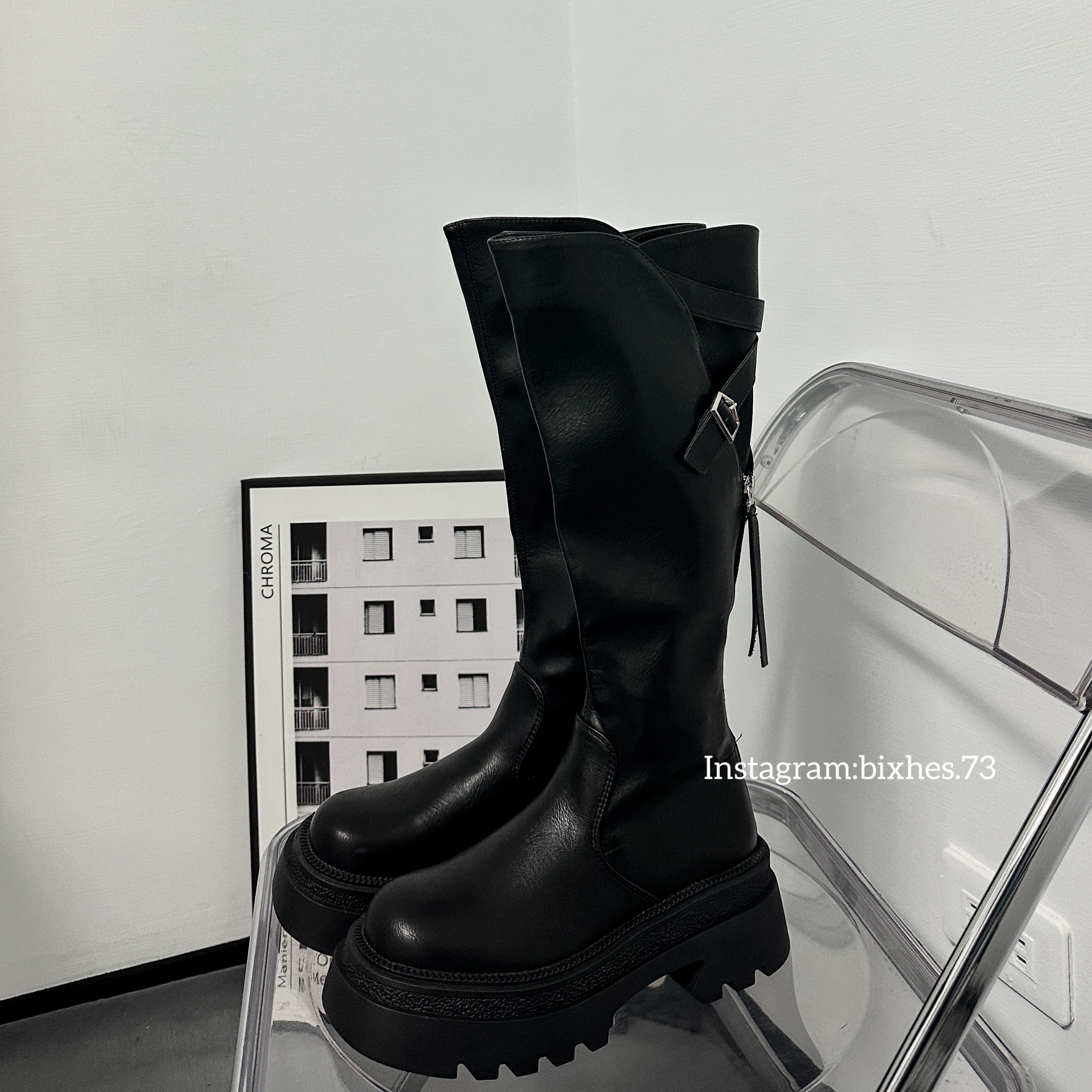 交叉疊銀扣長靴(N00003)