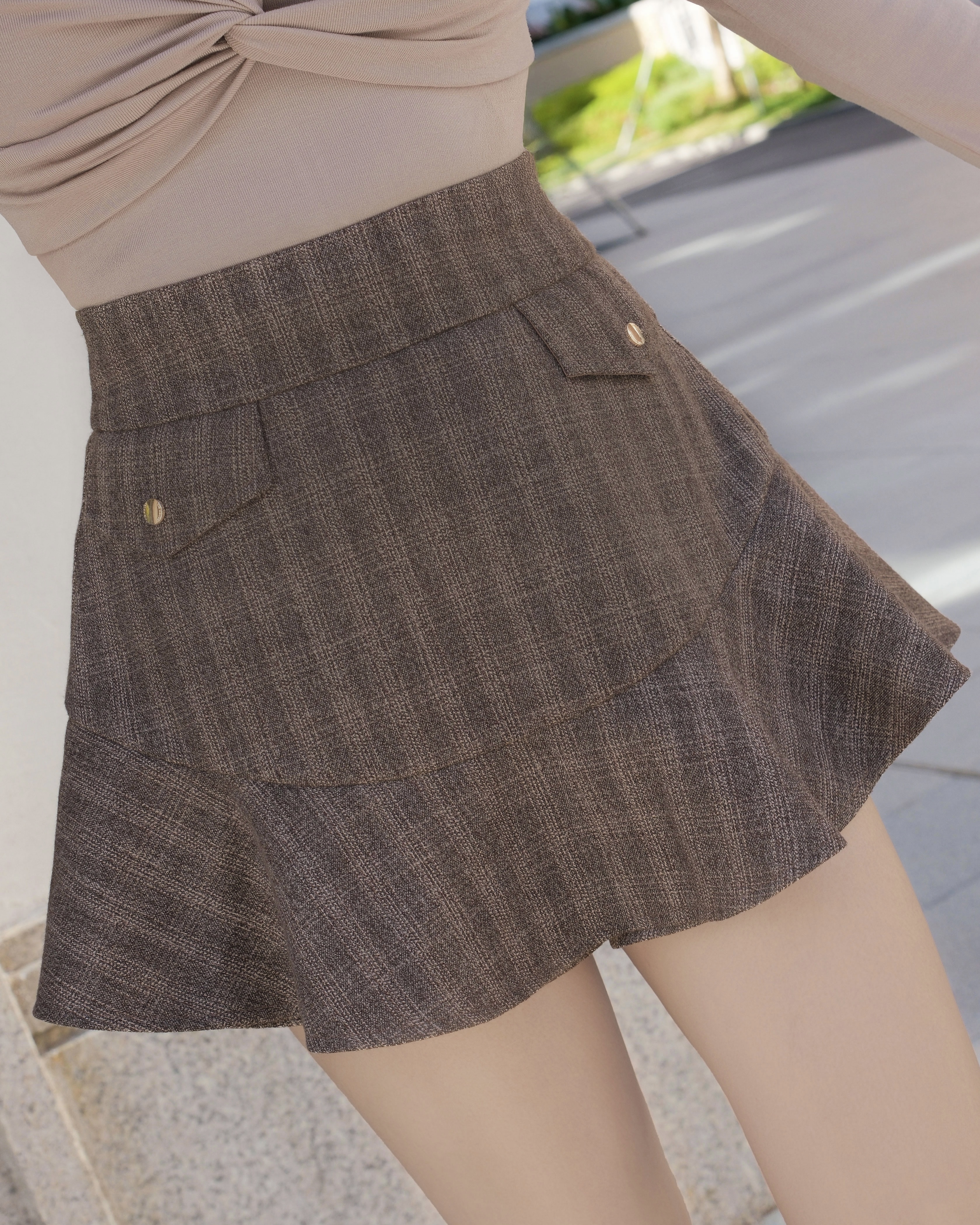 訂製-英倫毛呢格紋荷葉褲裙