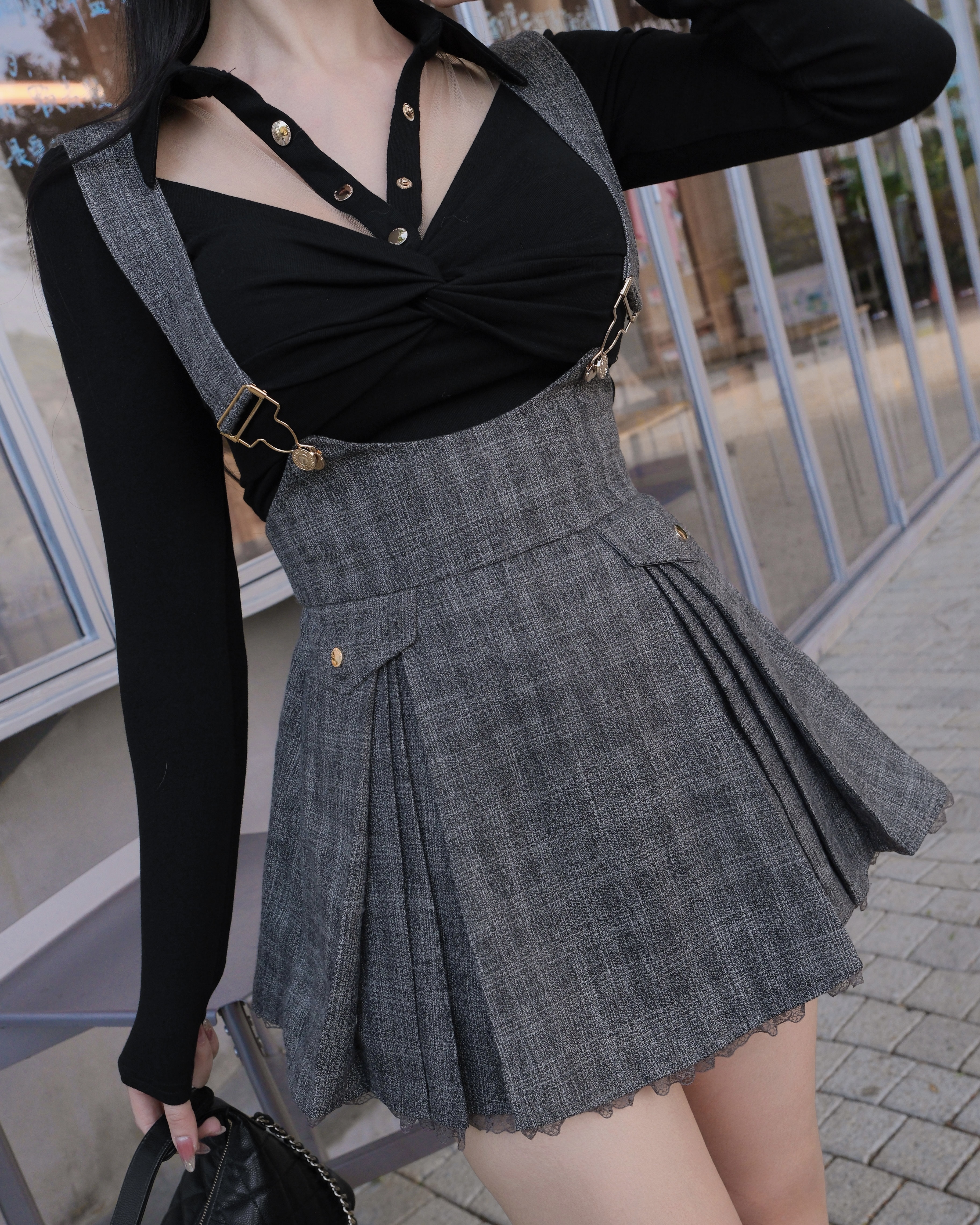 訂製-英倫毛呢格紋蕾絲吊帶褲裙