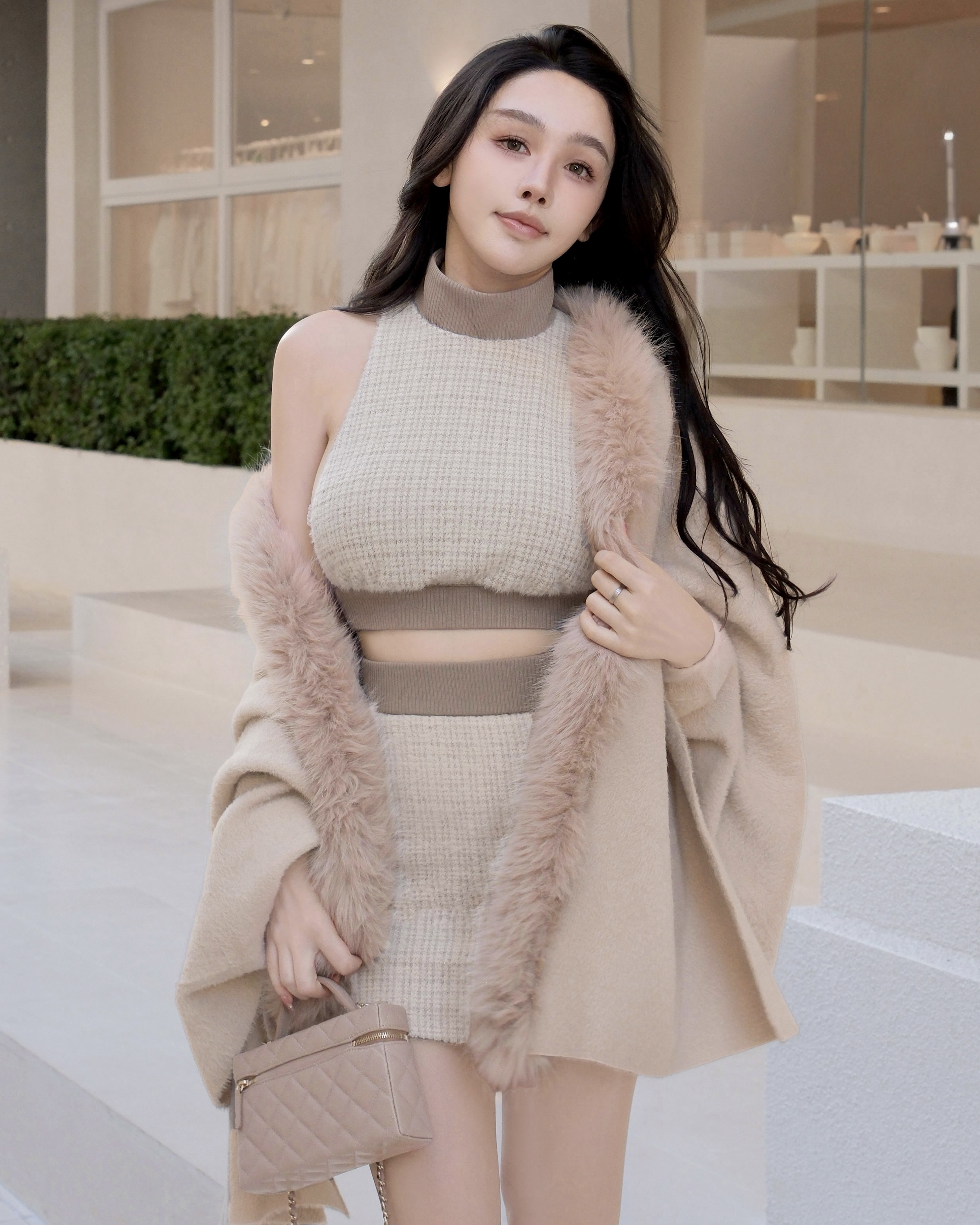 訂製-雙色亮蔥立領側露套裝