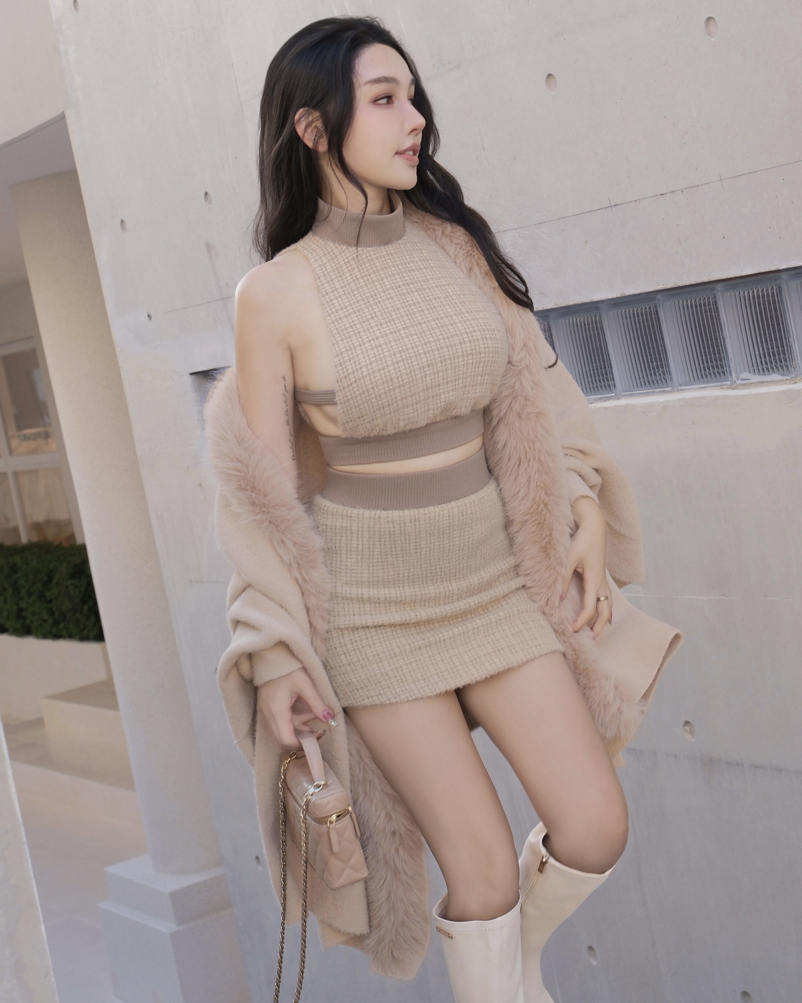 訂製-雙色亮蔥立領側露套裝