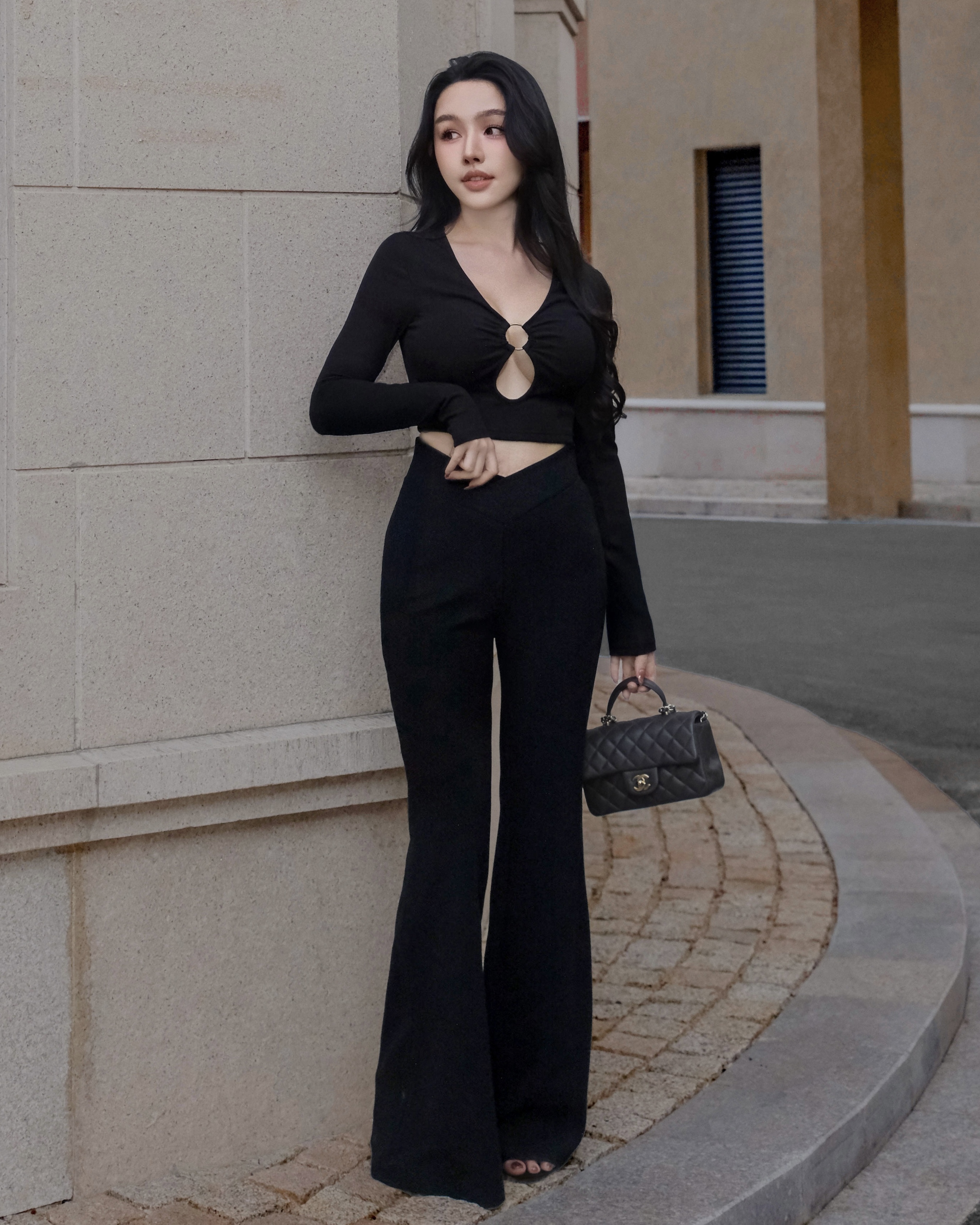 訂製-交叉V型腰結微喇長褲