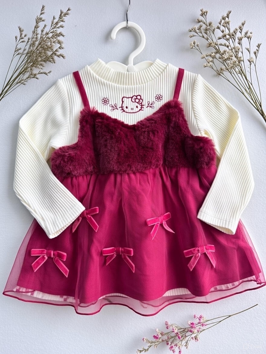 𝐌𝐚𝐦𝐚𝐫𝐚𝐤𝐮 x 𝐒𝐚𝐧𝐫𝐢𝐨 🎀蝴蝶結毛毛假2件吊帶上衣裙