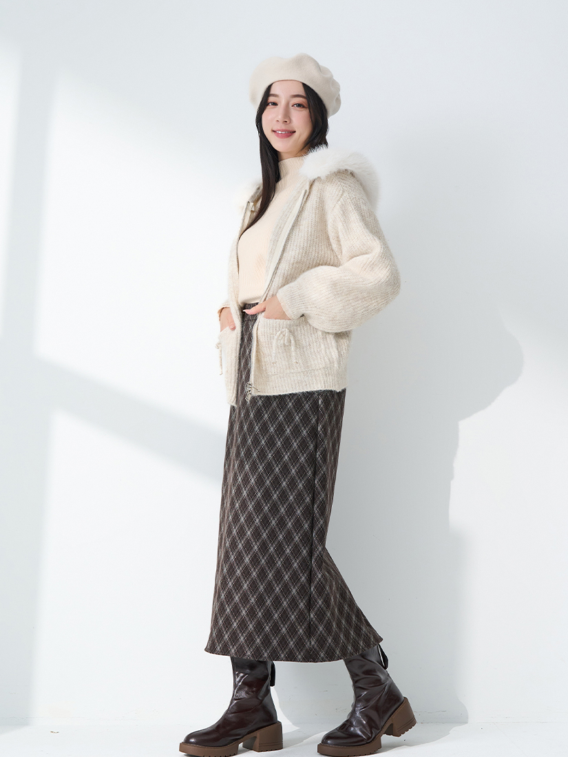 連帽針織外套泡泡袖針織毛衣毛料長裙組合