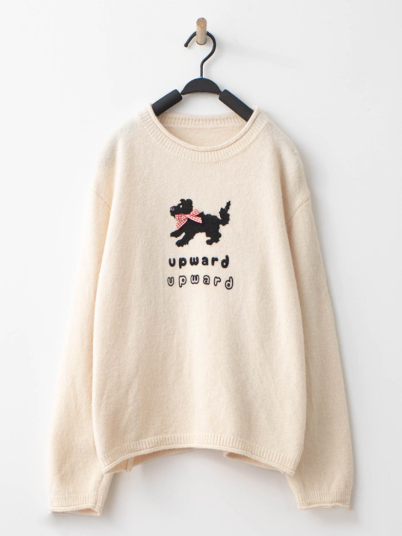 童話狗狗印花自然捲邊針織毛衣