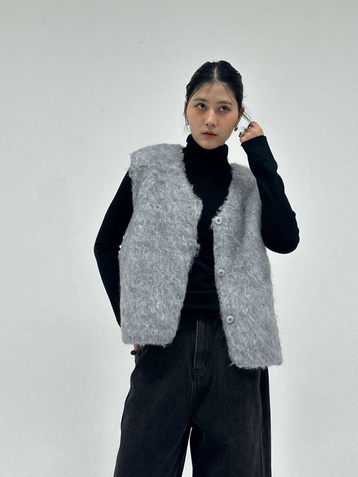 SN006 淨色背心V領開胸外套 Free size