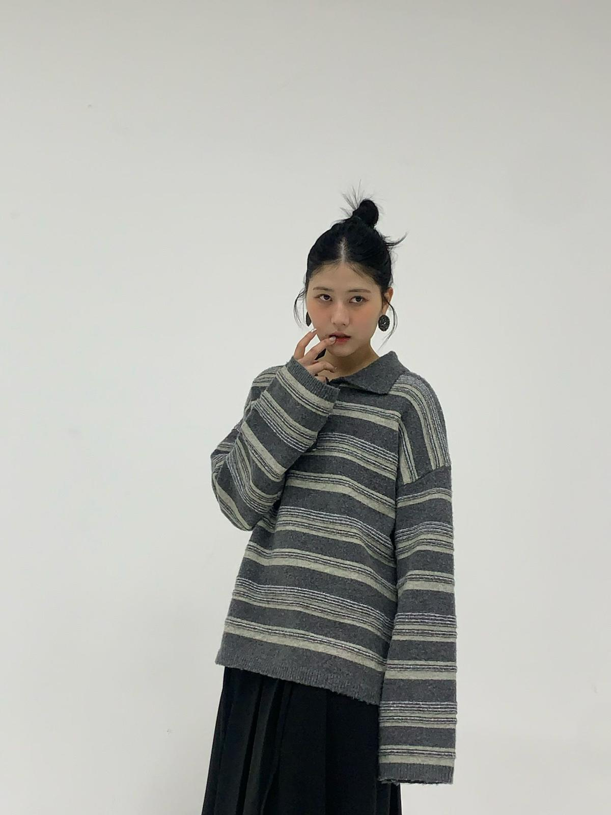 SN013 間條有領闊長袖 Free size