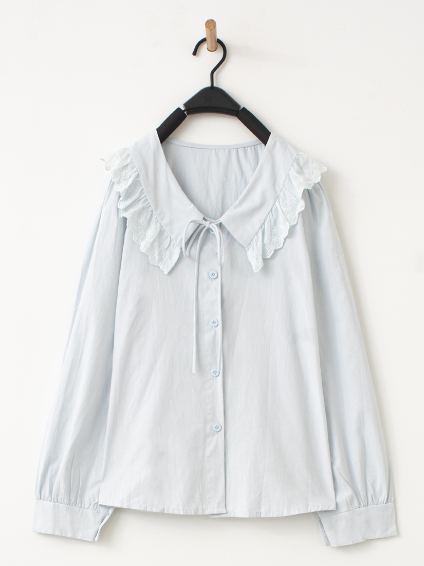 棉布蕾絲領片綁帶襯衫