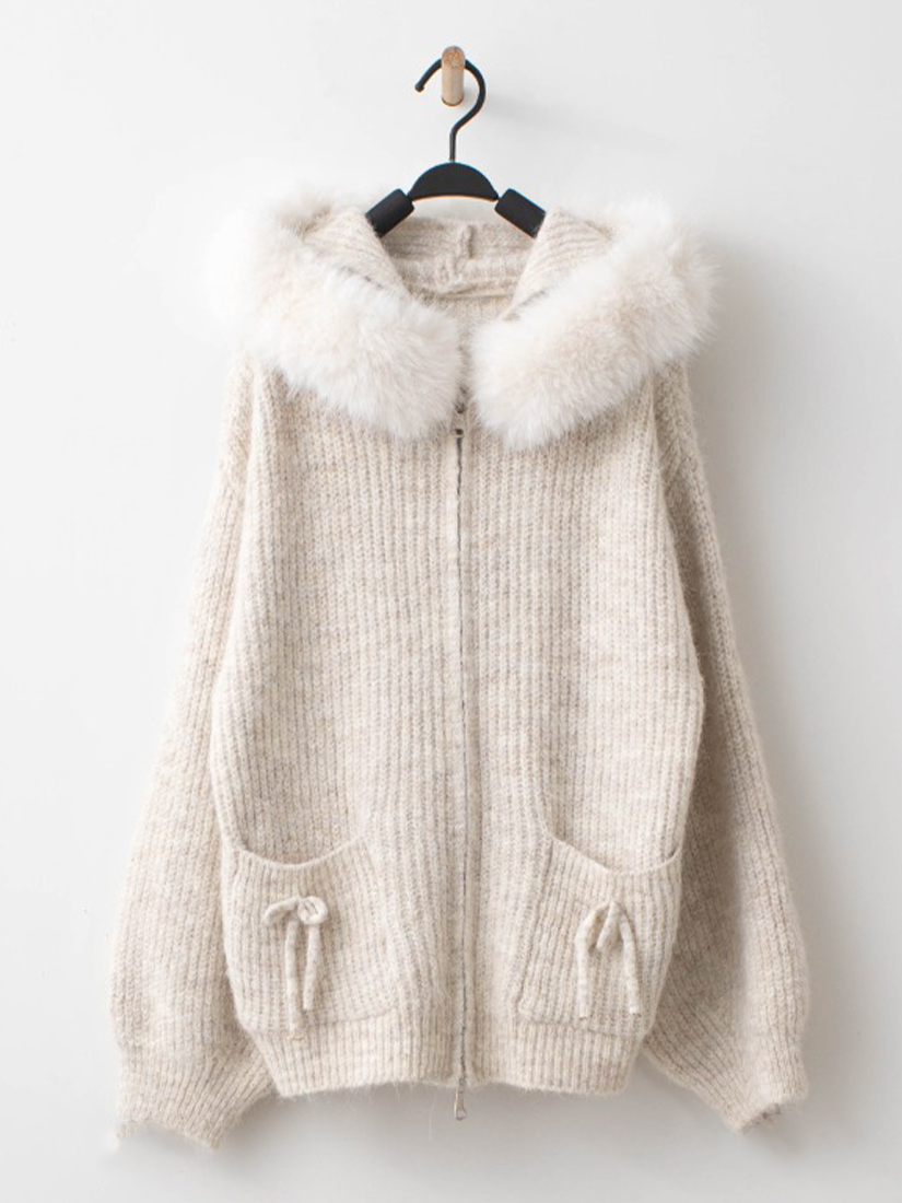 連帽針織外套捲邊針織毛衣A字牛仔裙組合