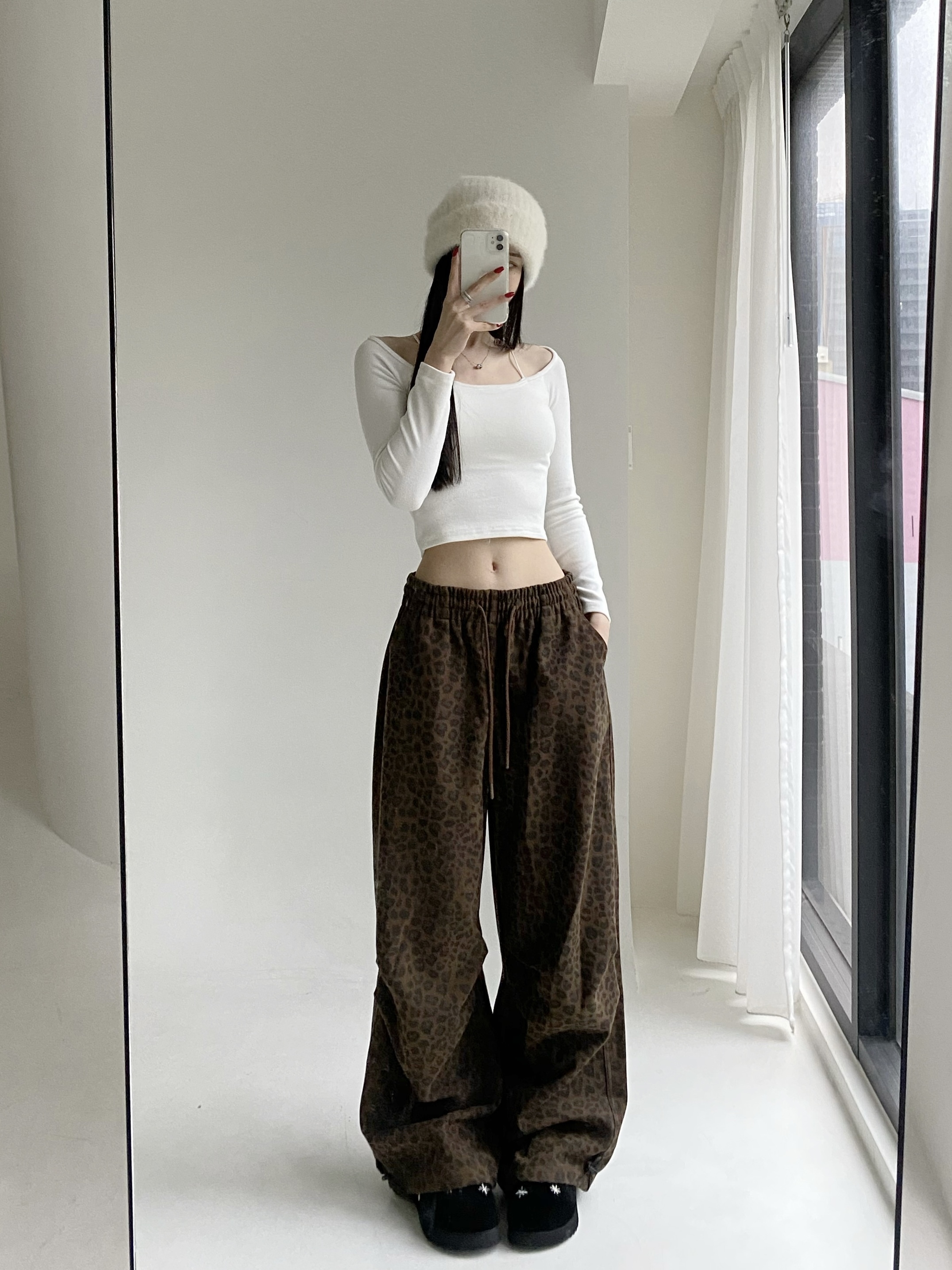 磨毛挺版豹紋落地寬褲