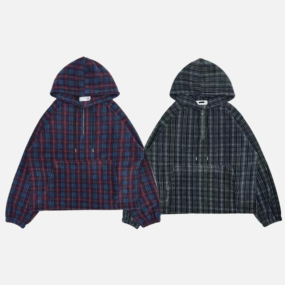 格仔半開胸連帽抓毛衛衣 T5887