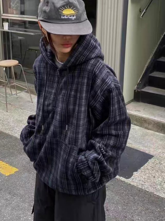 格仔半開胸連帽抓毛衛衣 T5887